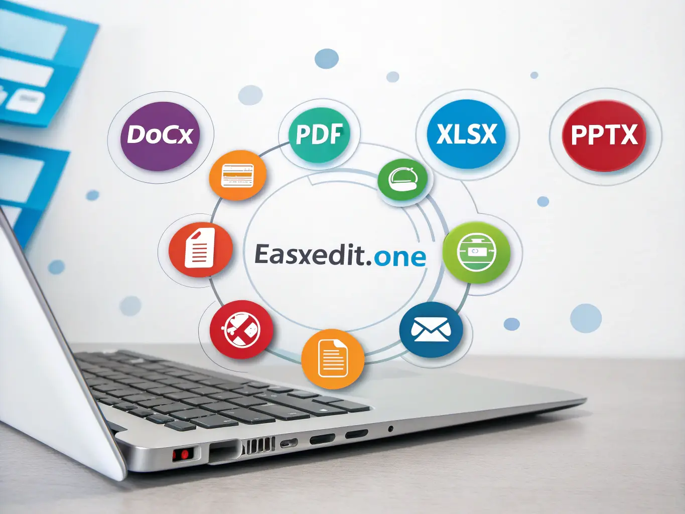 An image showcasing various file format icons (e.g., .docx, .pdf, .xlsx, .pptx) arranged around the Easyedit.one logo, symbolizing the platform's comprehensive file compatibility.