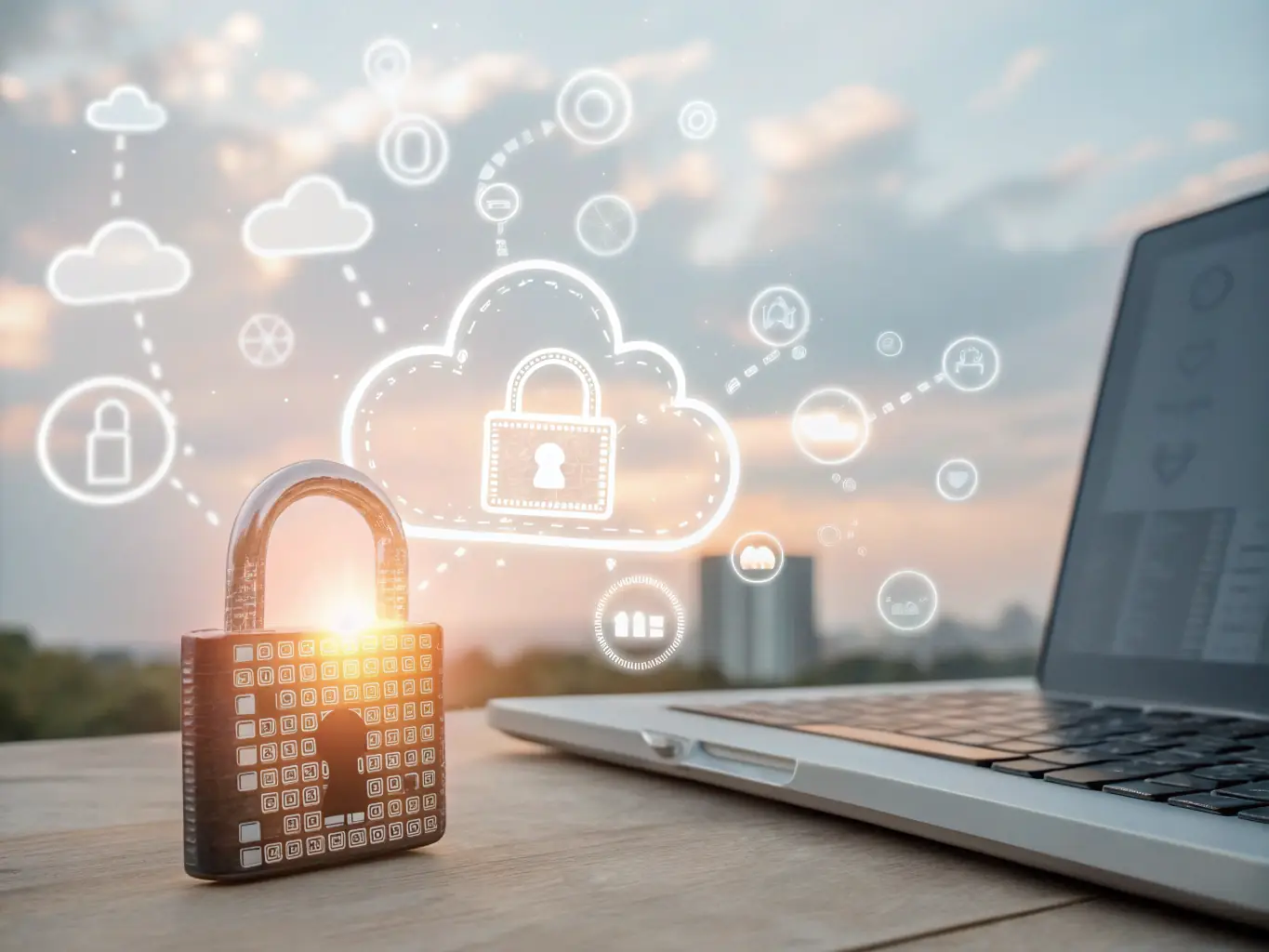 A secure cloud icon with a lock inside, surrounded by documents and devices, representing the secure cloud storage and accessibility features of Easyedit.one.
