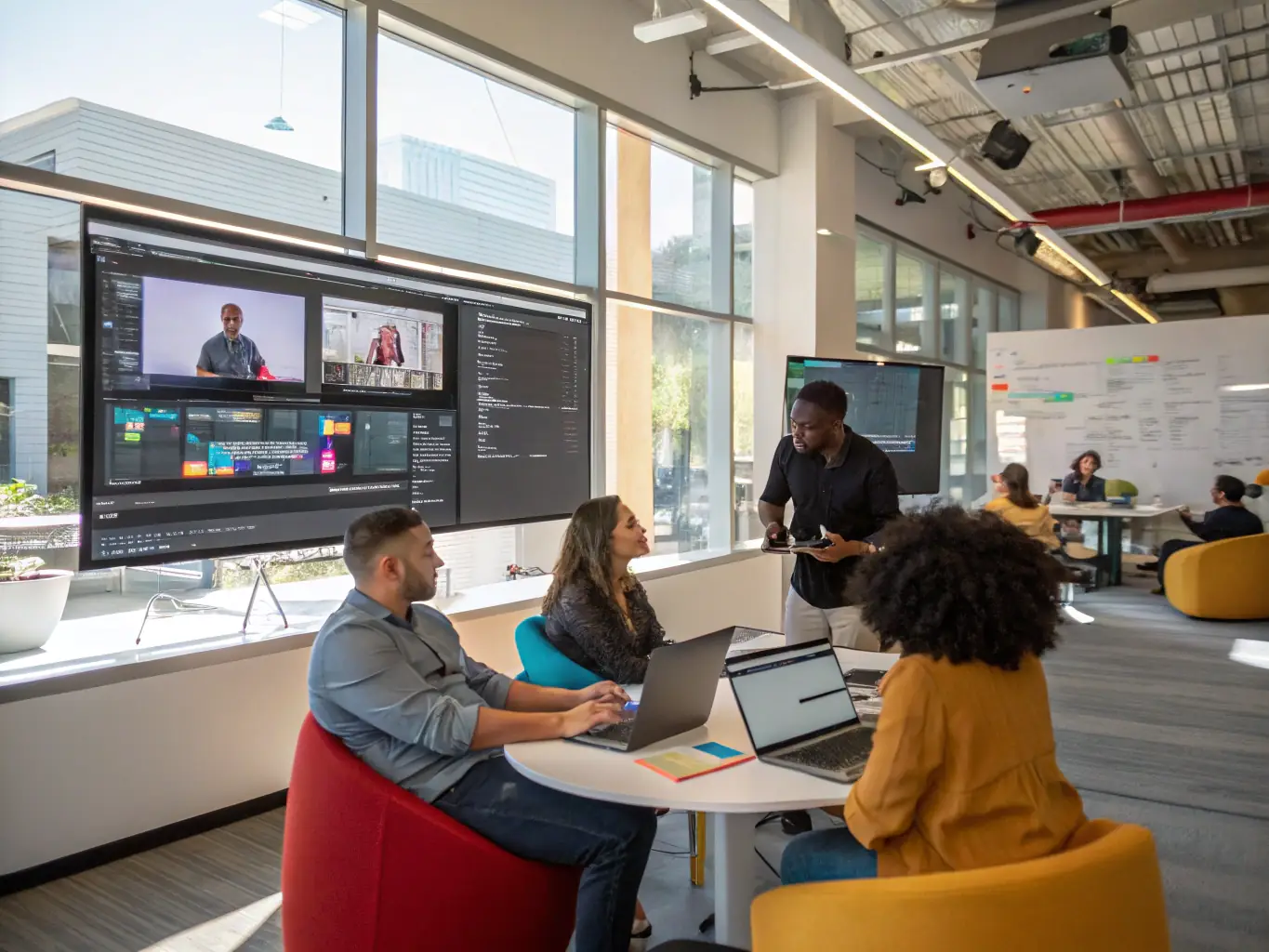 A dynamic scene depicting multiple users simultaneously editing a document on the Easyedit.one platform, showcasing real-time collaboration with cursors moving and changes appearing instantly.